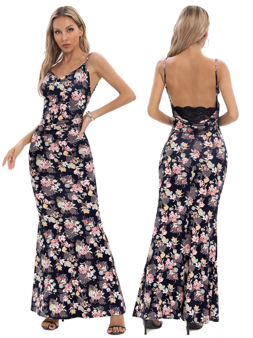 Capuffy Satin Floral Backless Maxi Dress, NWT, Size XS